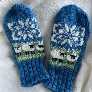 Blue Knit Mittens with Snowflake and Sheep Design